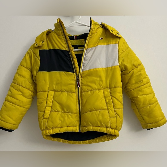 Tommy Hilfiger Kids Yellow Puffer Jacket with Navy blue  and White Panels - Picture 1 of 10